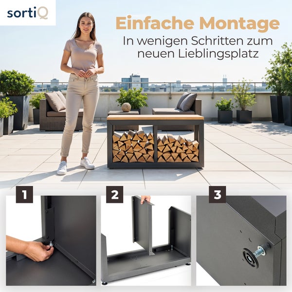 Montageanleitung für eine Feuerholzbank mit Holz auf einer Terrasse