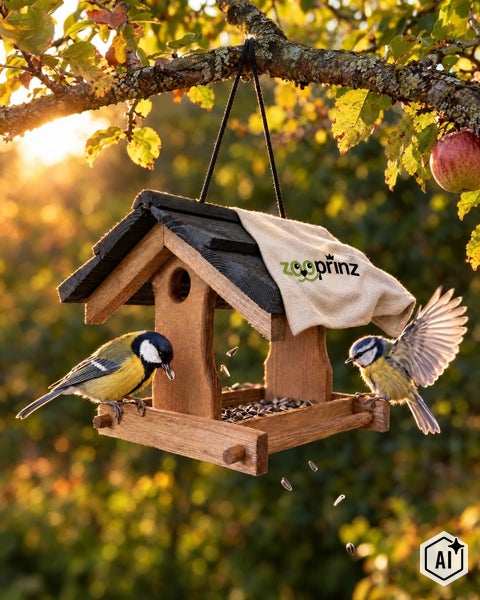 Holz Vogelfutterhaus zum Aufhängen mit Zooprinz Logo und Vögeln im Baum bei Sonnenuntergang.