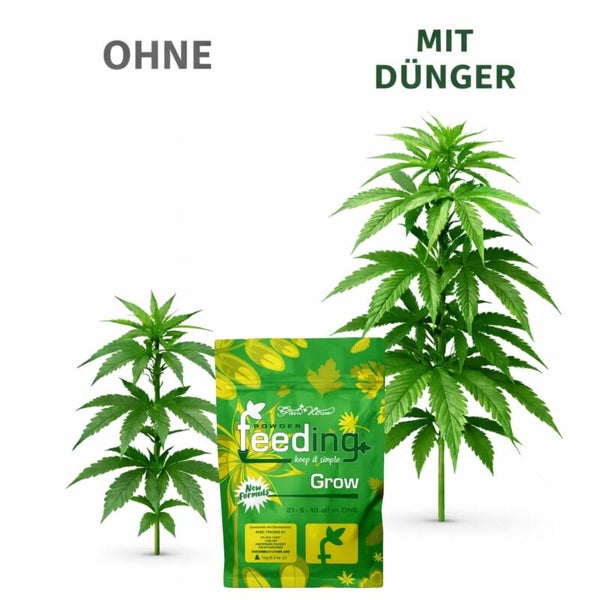 Grow fertilizer package and two plants, one fertilized and one unfertilized.