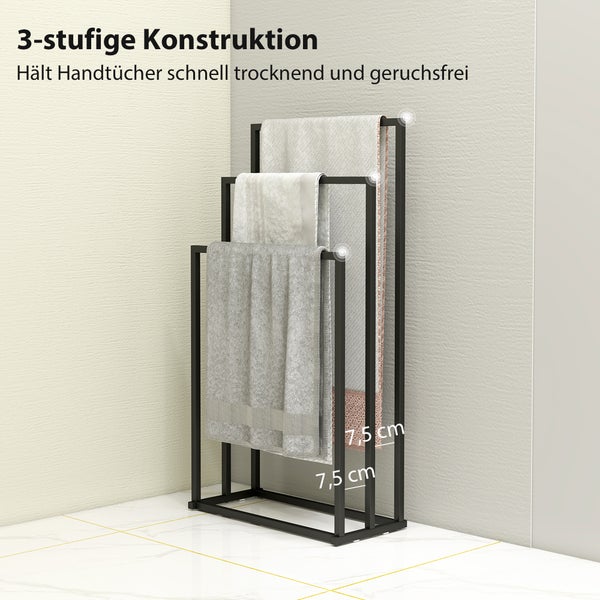 Freistehender Handtuchhalter aus schwarzem Metall mit drei versetzten Stangen im Abstand von 7,5 Zentimetern für schnelles Trocknen im Badezimmer.