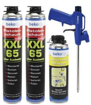 beko Pistolenschaum XXL 65 Set mit zwei Dosen Montageschaum, einer Dose Universalreiniger und einer Schaumpistole.