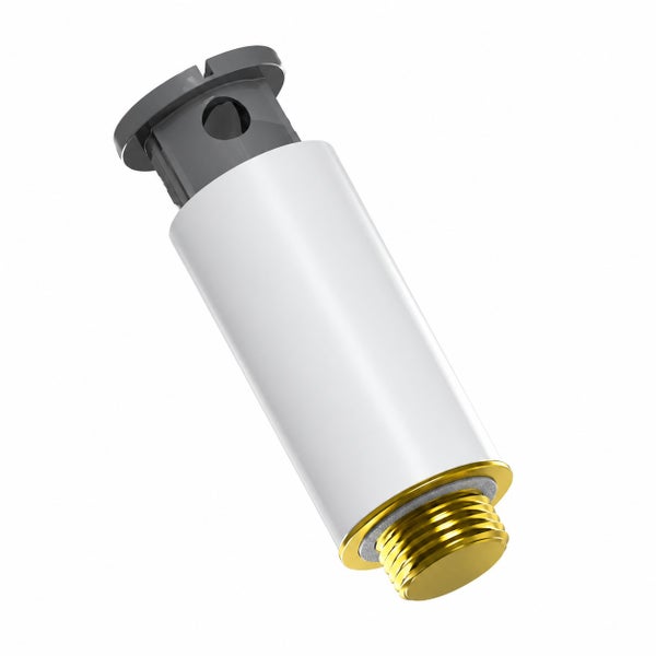 Zylindrische Ventilkomponente für Spülkasten mit weißem Gehäuse, grauem Kopfteil und goldfarbenem Metallgewinde.
