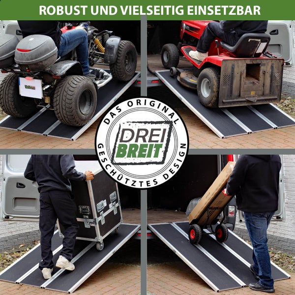 Aluminium-Auffahrrampe mit Antirutschbelag beim Verladen von Quad, Rasenmäher, Koffer und Sackkarre in einen Transporter. Drei Breit Logo.