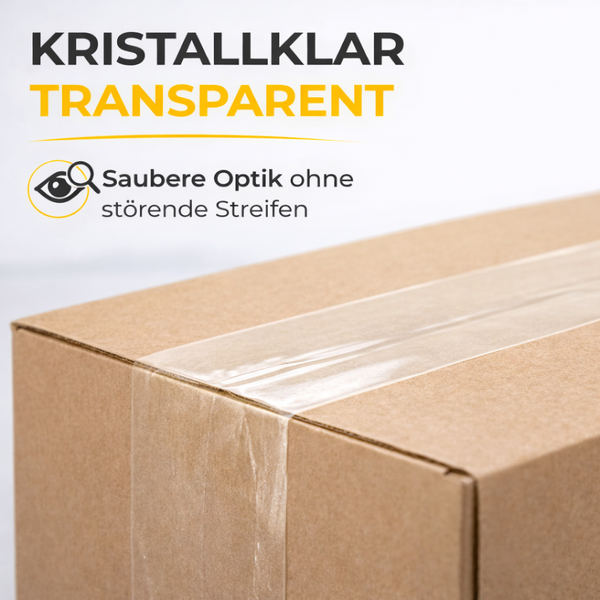 Kristallklares, transparentes Klebeband auf einem braunen Karton für eine saubere Optik ohne Streifen.
