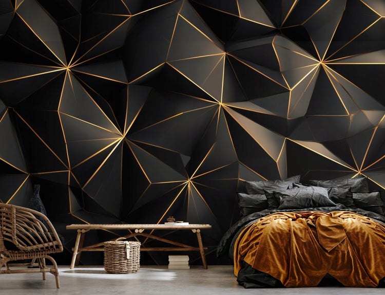 Schlafzimmer mit geometrischer Design-Tapete, Rattanmöbeln und Bett