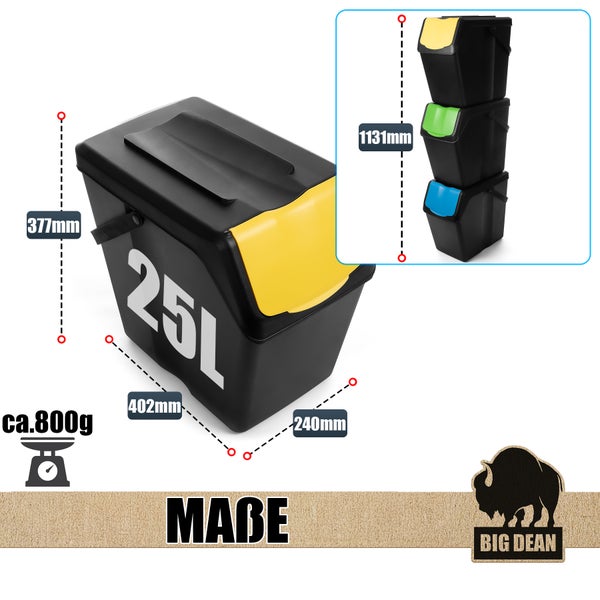 Abbildung eines 25 Liter Wertstofftrennsystems mit Größenangaben und Big Dean Logo