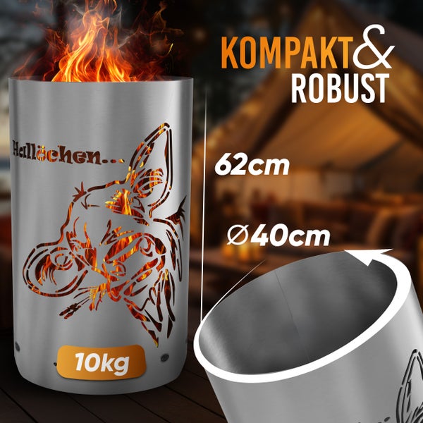 Feuerstelle aus Stahl mit Hunde Motiv, 62 cm hoch und 40 cm Durchmesser