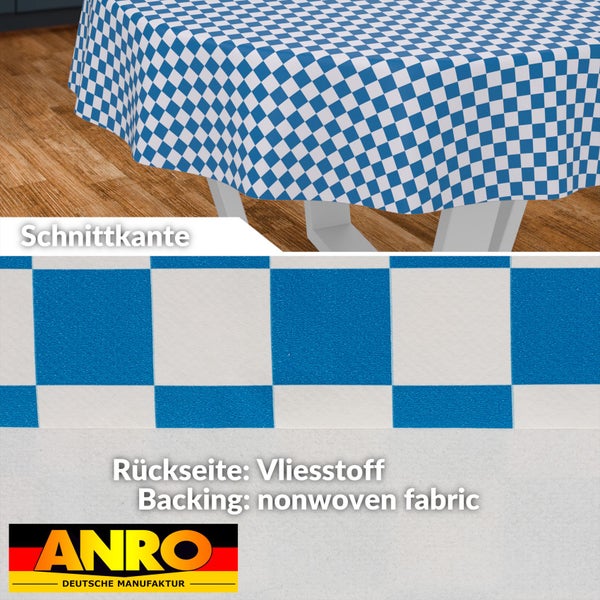 Blau-weißes rundes Wachstuch mit Rautenmuster, Schnittkante und Vliesrückseite. ANRO Logo.