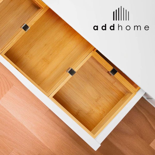 addhome Logo. Schubladen-Organizer aus Bambus in einer geöffneten Schublade.