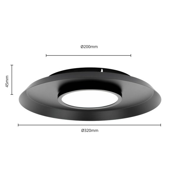 Illustration einer schwarzen Deckenleuchte mit Abmessungen