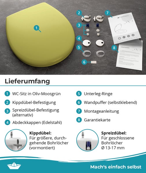 Calmwaters® Premium WC Sitz einfache Montage, Toilettendeckel bis 250 kg, Made in EU, antibakterieller Duroplast, Absenkautomatik, 2 Montage Optionen, abnehmbar, Klobrille, oval, Oliv-Moosgrün