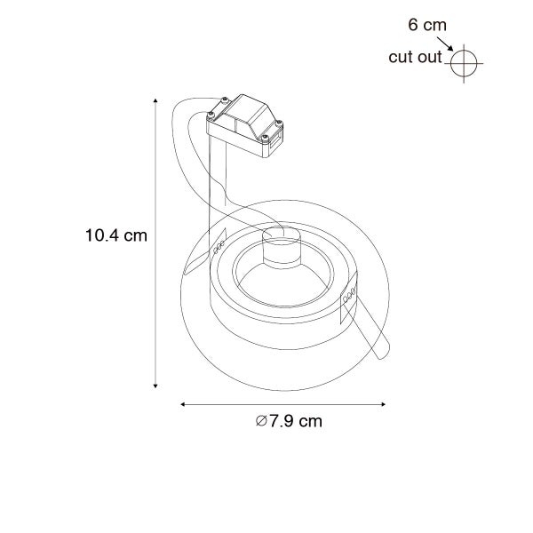 Technische Zeichnung Einbaustrahler: Durchmesser 7,9 Zentimeter, Höhe 10,4 Zentimeter und Lochausschnitt 6 Zentimeter.