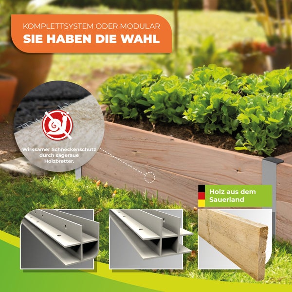 Modulares Holz-Hochbeet mit sägerauen Brettern für Schneckenschutz, Aluminium-Eckprofilen und Holz aus dem Sauerland.