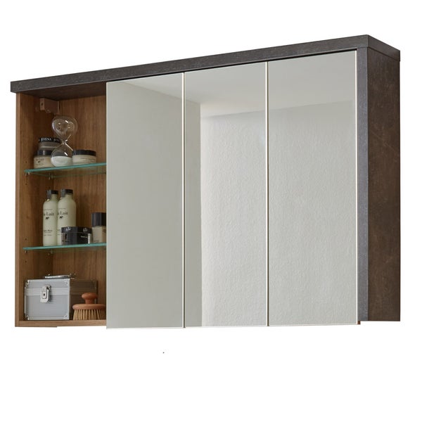 Bay Bad Spiegelschrank 3 Türen, 3 offene Fächer Eiche Dekor Honig, Beton Dekor. 123 X 18 X 71 cm