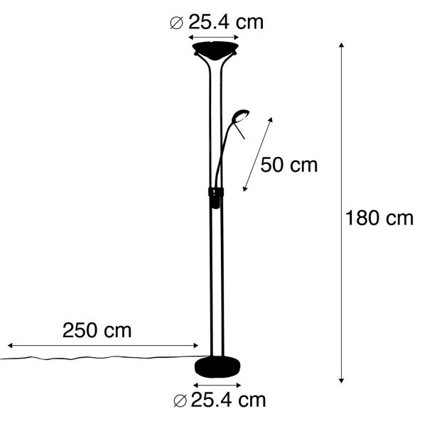 Abmessungen der Stehlampe: Höhe 180 cm, Schirmdurchmesser 25,4 cm, Kabellänge 250 cm, Leselampe Länge 50 cm