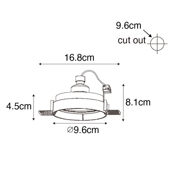 Maßzeichnung Einbaustrahler: Durchmesser 9,6 Zentimeter, Gesamthöhe 8,1 Zentimeter, Einbautiefe 4,5 Zentimeter, Lochausschnitt 9,6 Zentimeter.