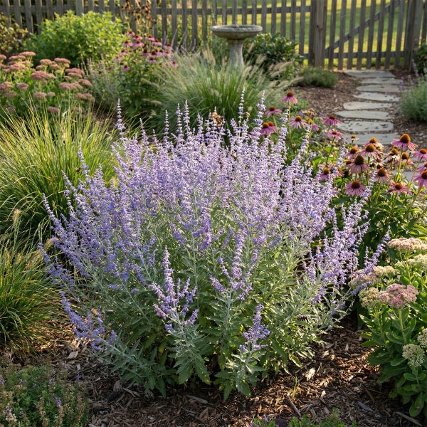 Blauraute Perovskia atriplicifolia in einem sonnigen Gartenbeet mit Stauden und Ziergräsern auf Rindenmulch vor einem Holzzaun.