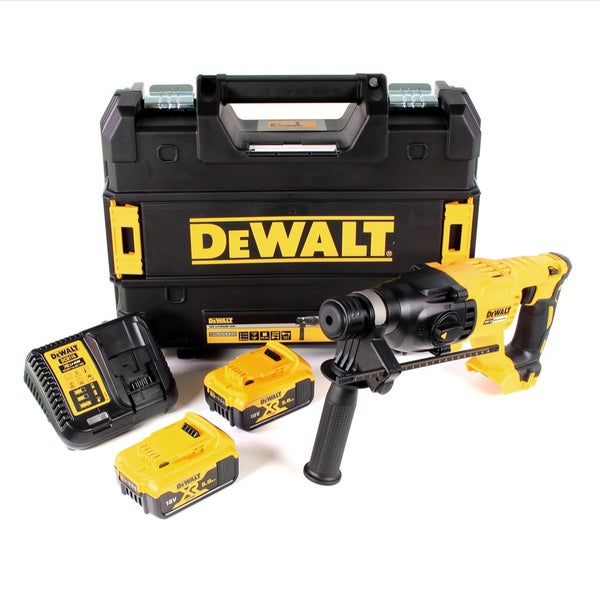 DeWalt Akku-Bohrhammer-Set mit zwei 18-Volt-Akkus, Ladegerät und Werkzeugkoffer.