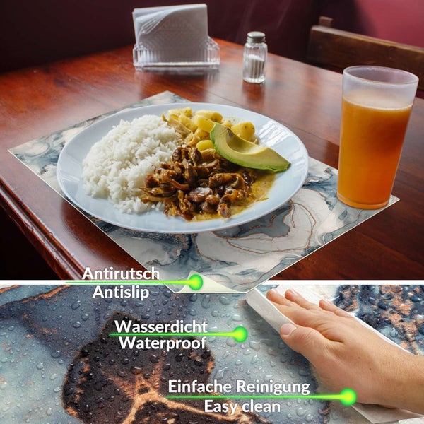 Platzset mit Marmormuster auf einem Holztisch, rutschfest, wasserdicht und leicht zu reinigen.
