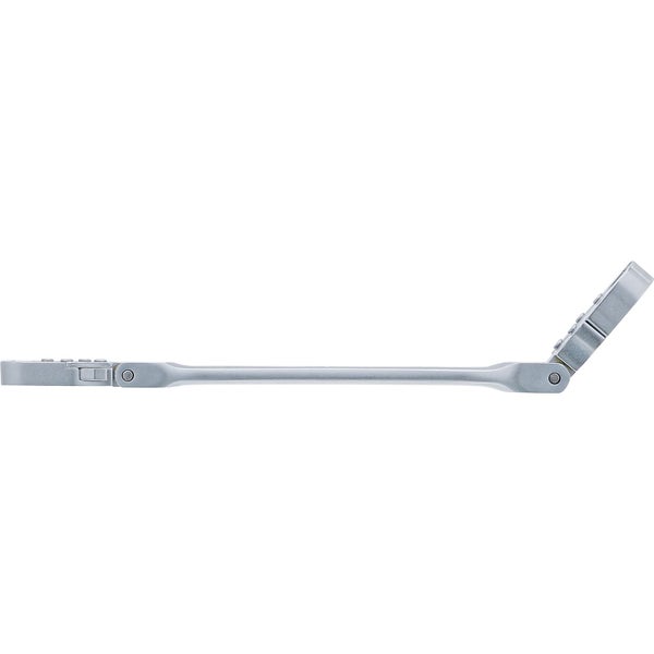 Doppelringratschenschlüssel mit Gelenkkopf aus Metall in der Seitenansicht.