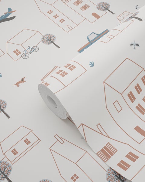 Tapetenrolle mit Häusern, Bäumen und Tieren