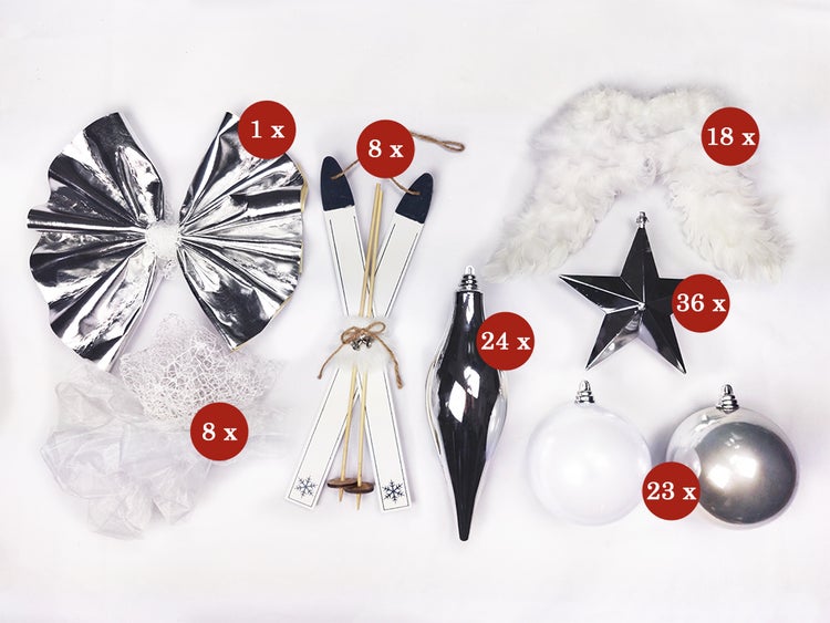 LAALU Set von Weihnachtsschmuck 118 Stück in einer Box SNOW DECORATIONS für Weihnachtsbaum 300-600 cm