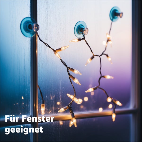 Lichterkette mit Saugnäpfen am Fenster befestigt