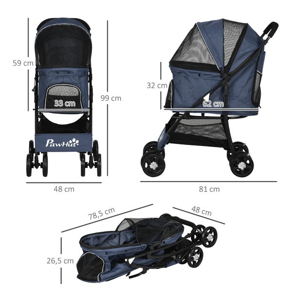 PawHut Hundewagen, faltbarer Hundebuggy, Hundetrolley mit Kissen, Katzenbuggy, Katzenwagen mit 4 Rädern, Netzfenster, Stauraum für kleine Hunde, Katzen, 600D Oxford, Marineblau