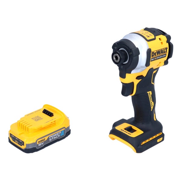 DeWalt 18 Volt Akku-Schlagschrauber mit bürstenlosem Motor und separat abgebildetem Powerstack Akku.