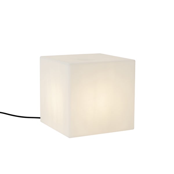 Würfelförmige Tischleuchte aus Kunststoff mit warmweißem Licht und schwarzem Kabel.