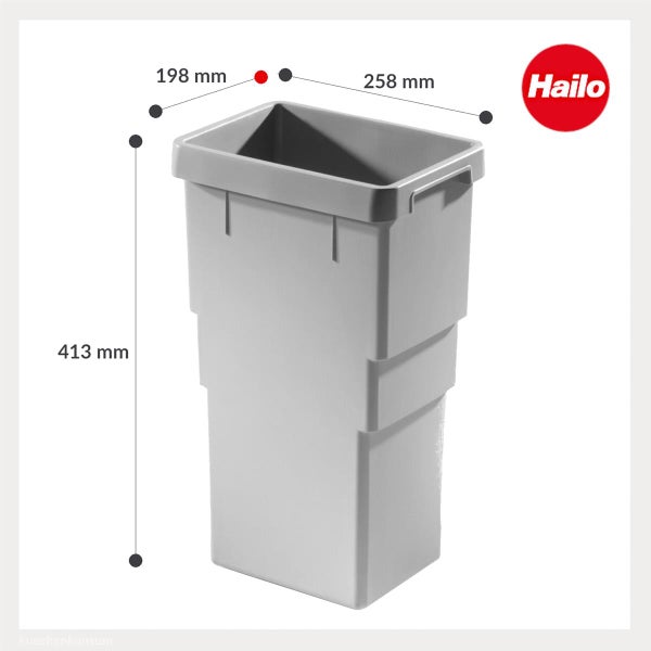 Hailo Logo. Grauer Ersatz-Mülleimer aus Kunststoff mit den Maßen 198 Millimeter mal 258 Millimeter mal 413 Millimeter.