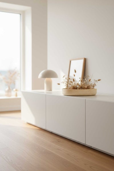 Modernes weißes Lowboard auf hellem Parkettboden in einem hellen Raum mit minimalistischer Dekoration und Tischleuchte.