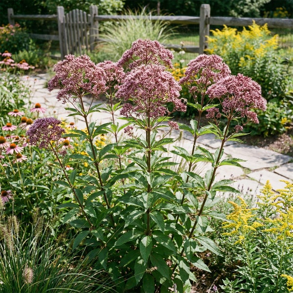 Blühender Wasserdost mit rosa Blütenköpfen in einem sonnigen Garten mit Steinweg und Holzzaun.
