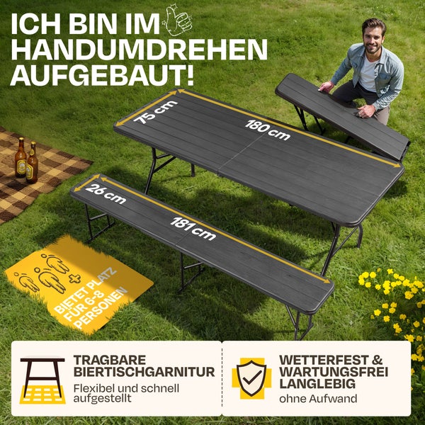 Tragbare Biertischgarnitur auf Rasen, ein Tisch (180 mal 75 Zentimeter) und zwei Bänke (181 mal 26 Zentimeter) für sechs bis acht Personen, wetterfest.