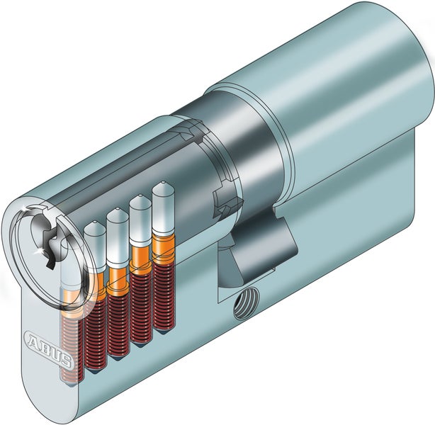 Schnittzeichnung eines ABUS Profilzylinders mit Ansicht der internen Stifte und Federn.
