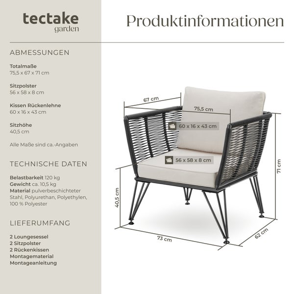 Garten-Loungesessel  tectake Sundo 75,5 x 67 x 71 cm rundes Polyrattan im Rope-Design anthrazit