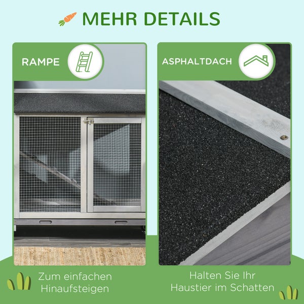 PawHut Kleintierstall mit Rollen Zwergkaninchenstall Freilaufgehege Asphaltdach Kleintierhaus Zwergkaninchenauslauf Doppelstöckiger Tannenholz Stahl Grau 157,4 x 53 x 99,5 cm