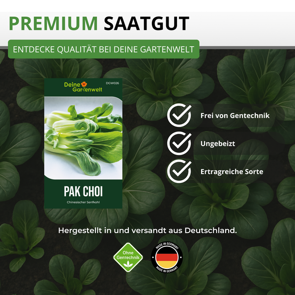 Deine Gartenwelt Logo. Premium Saatgut für Pak Choi, frei von Gentechnik, ungebeizt und ertragreich. Hergestellt in Deutschland.