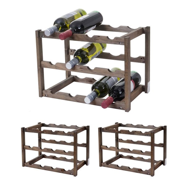 Weinregal aus Holz mit drei leeren Regalen und einem mit Weinflaschen