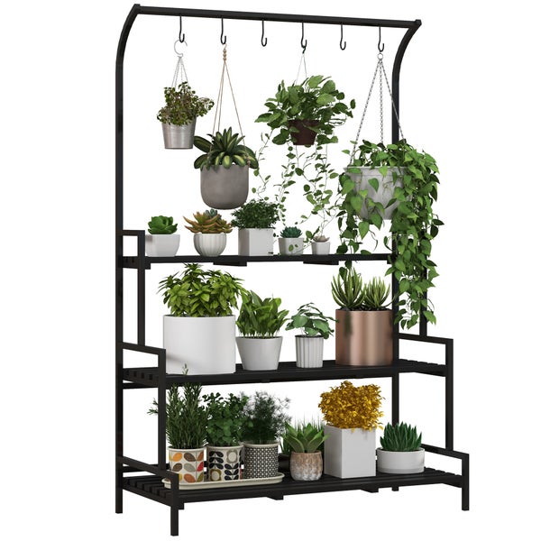 Outsunny Pflanzenständer, Blumenständer mit 3 Ebenen, Blumenregal mit 6 Haken, Pflanzentreppe, Pflanzenregal für Garten, Stahl, Schwarz, 110 x 50 x 170 cm
