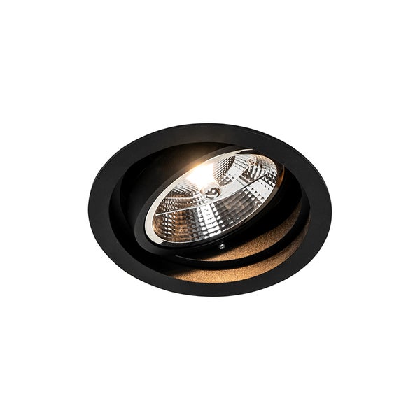 Runder schwarzer Einbaustrahler mit schwenkbarem, facettiertem Reflektor und warmweißem Licht.