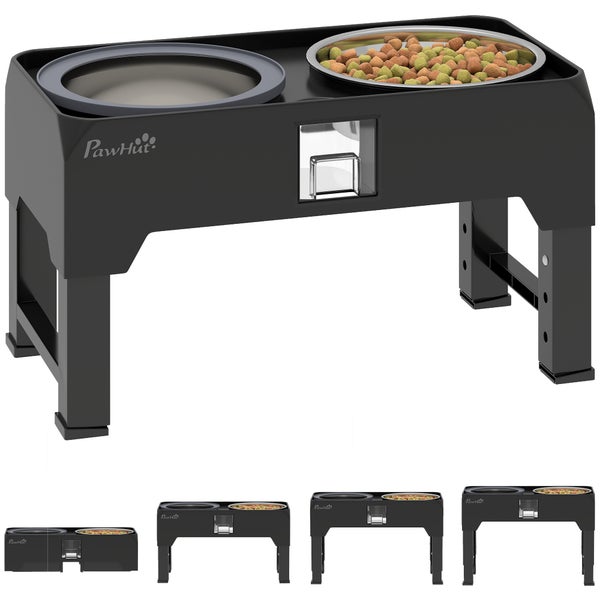 Höhenverstellbare Futterstation von PawHut für Hunde mit zwei Edelstahlnäpfen in einem schwarzen Gestell.
