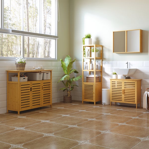 HOMCOM Badezimmerschrank schmal, Hochschrank Toilettenschrank mit 3 offenen Fächern, Badschrank Bambus für kleine Räume, Wohnzimmer, Badezimmer 36 x 33 x 140 cm Natur