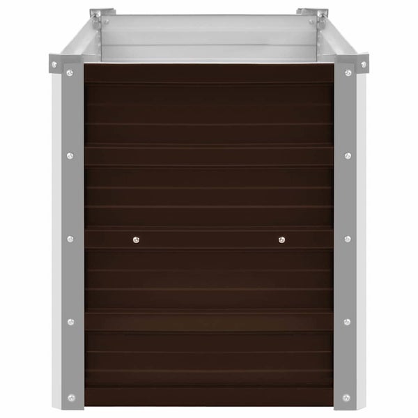 Rechteckiges Hochbeet aus Metall in Braun und Silber mit Eckpfosten und sichtbaren Verschraubungen.