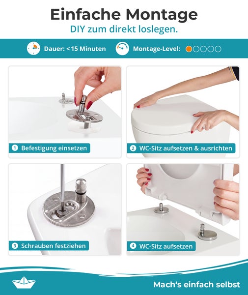 Anleitung zur einfachen Montage eines WC Sitzes in vier Schritten mit einer Dauer von unter 15 Minuten und niedrigem Schwierigkeitsgrad.