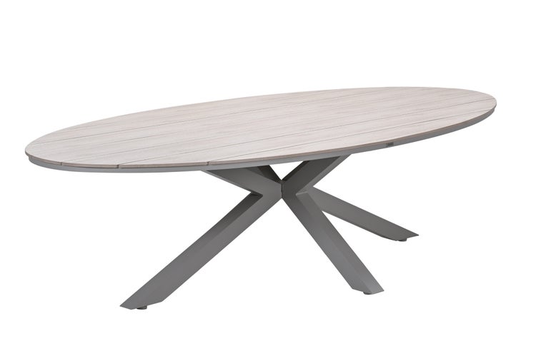 Ovaler Gartentisch mit Tischplatte in Holzoptik und Metallgestell in X-Form.