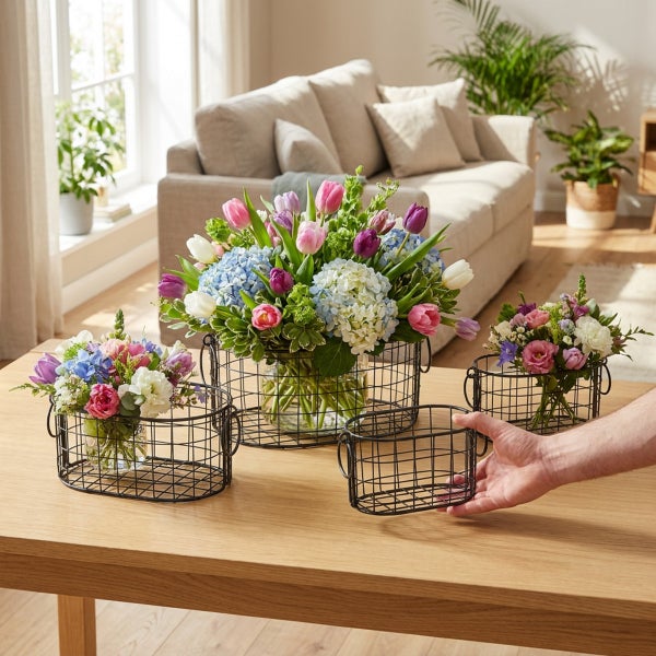Drahtkorb Set in drei Groessen als Pflanzgefaess oder Dekoration fuer den Innenbereich auf einem Holztisch mit Blumenarrangements.