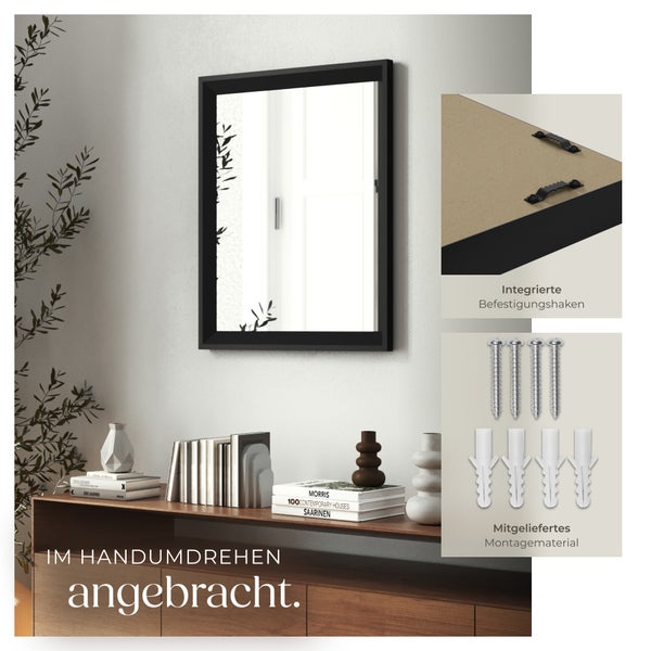 Rechteckiger Spiegel mit schwarzem Rahmen und integrierten Befestigungshaken, inklusive Montagematerial