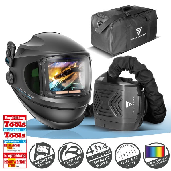 Stahlwerk Master Air Schweisshelm mit Gebläse, Tasche und Logos.