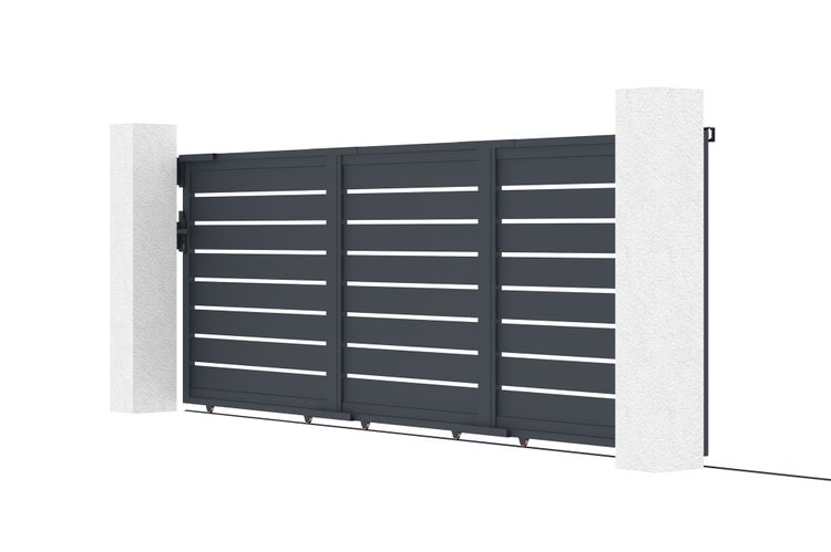 Schiebetor mit horizontalen Lamellen und zwei Torpfosten